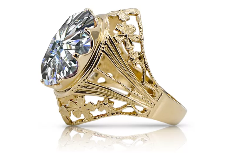 Zircon Oro amarillo de 8 quilates Anillo Vintage vrc031x-zi Art Deco Joyería de la URSS, estilo ruso